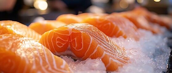 Raw salmon fish fillets arranged on ice in grocery store