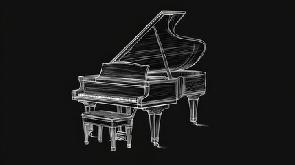An elegant monochrome sketch of a grand piano accompanied by a matching bench, showcasing intricate detailing of the instrument, ideal for musical and artistic related themes.