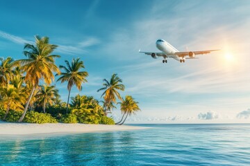 An airplane flying over tropical islands with lush greenery and vibrant blue waters beneath it.