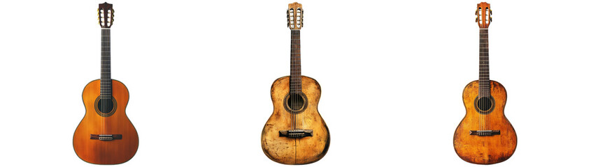 Obraz premium Three Unique Acoustic Guitars on Display Isolated on Transparent Background