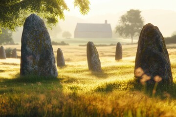 ancient stone monoliths in a misty countryside landscape
