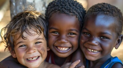 Three smiling children from different backgrounds, faces close together