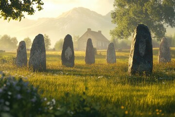 ancient stone monoliths in a rural field at sunset