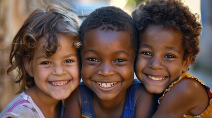 Fototapeta premium Three smiling children from different ethnic backgrounds, faces close