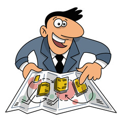 A cheerful businessman examining a map with yellow markers, showcasing planning and navigation concepts