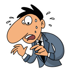 A cartoon man in a suit looks worried, sweating with a distressed expression, conveying anxiety or fear