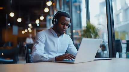 A man in a formal shirt, wearing headphones, working on a financial report on his laptop at a desk.