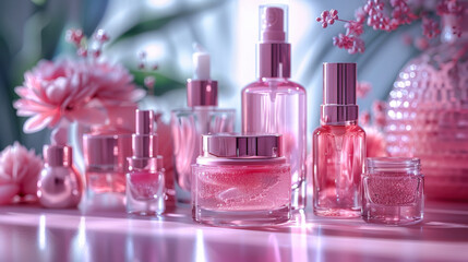 Soft pink perfume bottles arranged with floral accents in a bright, serene setting