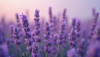 Fototapeta premium A serene lavender field in soft focus, with delicate purple flowers creating a calm and peaceful atmosphere.