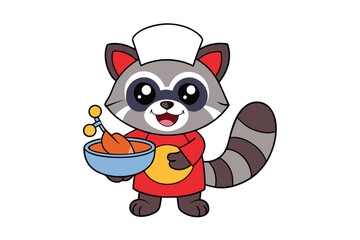 Raccoon Wearing Chef Hat and Preparing Gourmet Meal Cartoon Vector Illustration