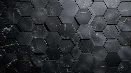 A close-up view of black hexagonal tiles featuring a mix of textures, suitable for contemporary interiors.