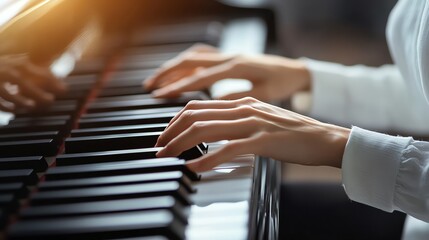 Obraz premium A close-up of a person's hands playing a piano.