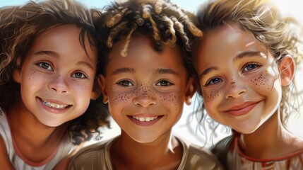 Fototapeta premium Three smiling children with different hair types, faces close