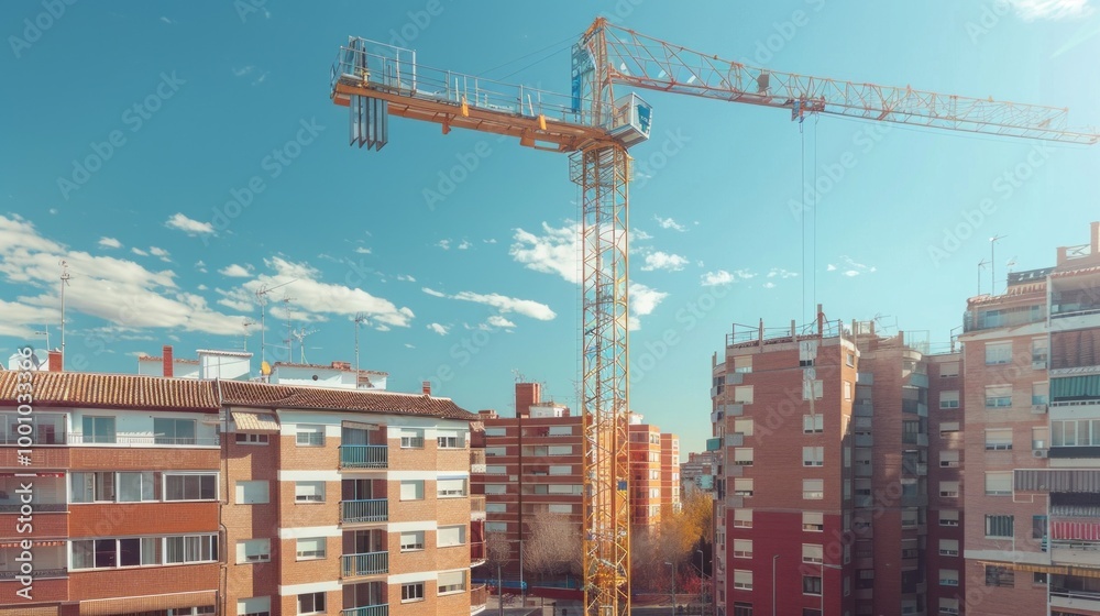 Poster a crane is in the middle of a city with many buildings