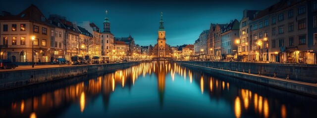 Scenic night view of a historic city with illuminated buildings and a canal