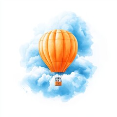 Fototapeta premium Colorful hot air balloon floating amidst fluffy clouds, white isolated background.