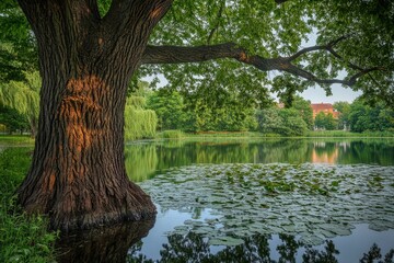 Serene lake surrounded by lush greenery and a majestic tree