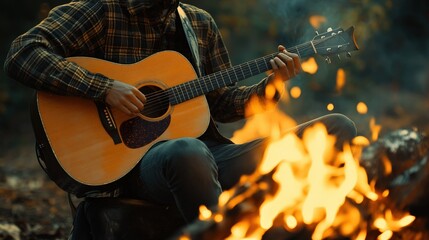 Obraz premium person playing acoustic guitar by campfire