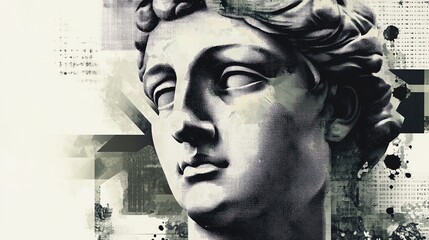 A modern art collage featuring a classical bust.