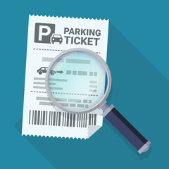 Parking ticket under a magnifying glass in flat design style on a blue background with long shadow