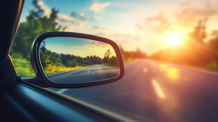 Fototapeta premium A car driving through a forest at sunset, as seen from the driver's seat.