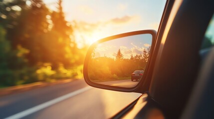 Naklejka premium The setting sun is reflected in a side view mirror of a car.