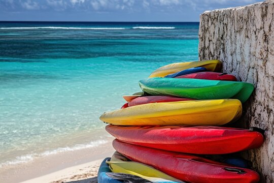 Colorful kayaks stacked on the beach