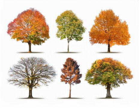 Diferentes arboles Paisaje oto&ntilde;al con &aacute;rboles de hojas rojo, naranja y amarillo, concepto de naturaleza, cambio de estaci&oacute;n, paso del tiempo, estaciones del a&ntilde;o y belleza del oto&ntilde;o en fondo blanco
