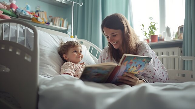 A mother reading a storybook to her child in a hospital bed.