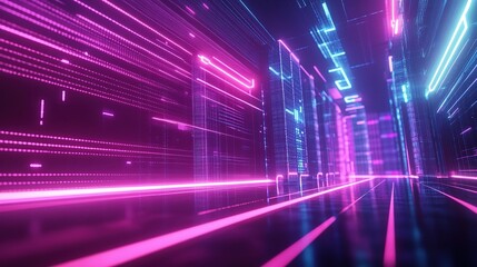 Fototapeta premium Vibrant Digital Corridor with Neon Lights