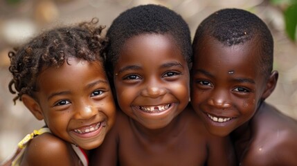 Three smiling children with varied skin tones, faces close together