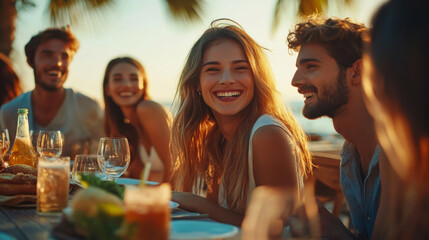 Obraz premium A joyful gathering of friends enjoying drinks at sunset by the beach, capturing laughter and carefree summer vibes