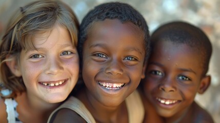 Fototapeta premium Three smiling children with varied skin tones, faces close