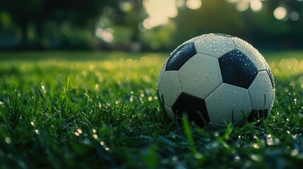 A close-up of a classic black and white soccer ball resting on a lush green grass field, with morning dew glistening on its surface.