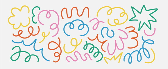 Set of doodle playful multicolor scribble. Abstract children background with curve line. Trendy design with basic shapes.