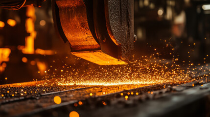 Craftsman shaping metal with a powerful forge, creating sparks in a dimly lit workshop during late afternoon hours