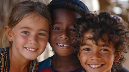 Fototapeta premium Three smiling kids of different ethnicities, faces close
