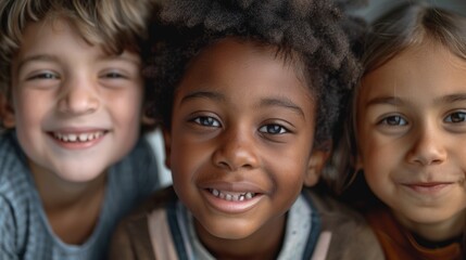 Fototapeta premium Three smiling kids of different ethnicities, faces close