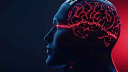 Obraz premium Futuristic head with glowing brain illustration, dark background for technology concepts.