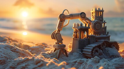 A robotic arm building sandcastles in the brightness of a setting sun