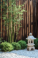 Serene japanese garden with bamboo and stone lantern