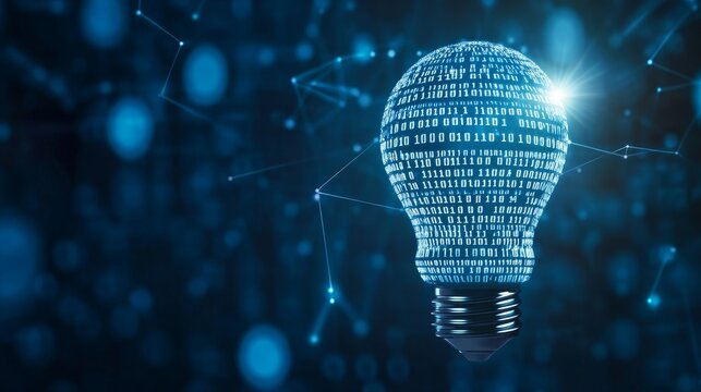 A glowing light bulb made of binary code, representing technology, innovation, and the fusion of ideas in a digital world.