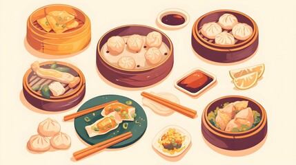 Delicious Chinese Dim Sum Steamed Buns Illustration