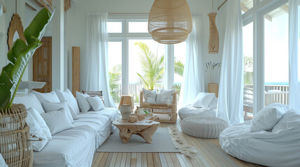 Modern coastal interior design with whitewashed wood floors, rattan furniture, and airy, linen curtains, complemented by soft ocean-blue accents and large windows.