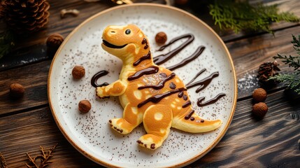 Fototapeta premium Cute Dinosaur Pancake on Plate with Chocolate Drizzle