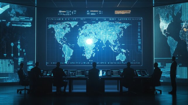 A futuristic command center with a large digital world map and analysts working on high-tech interfaces, highlighting global data monitoring.