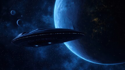 Obraz premium Futuristic spaceship orbiting a distant planet in a starry universe