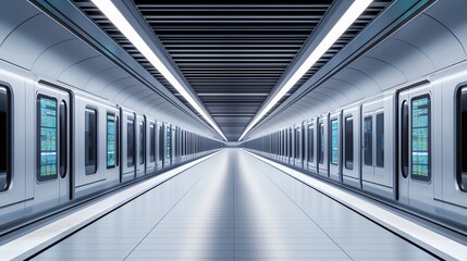 Naklejka premium Futuristic subway station with sleek design and bright lighting, perspective view.