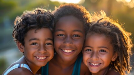 Fototapeta premium Three smiling kids with varied hair textures, faces close together