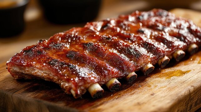 A close-up of a mouthwatering rack of pork ribs, with a caramelized glaze and visible seasoning, placed on a wooden cutting board ready for serving